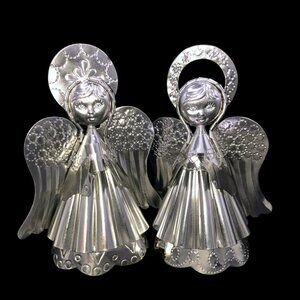 Pair Of Handmade Mexican Tin Angels 9x6x4 Inches Christmas Tree Topper Candlehol